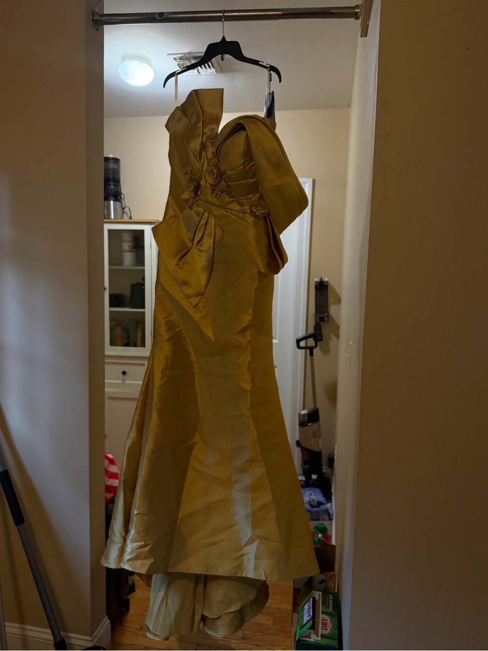 Gold Strapless Evening Gown with Floral Appliqué